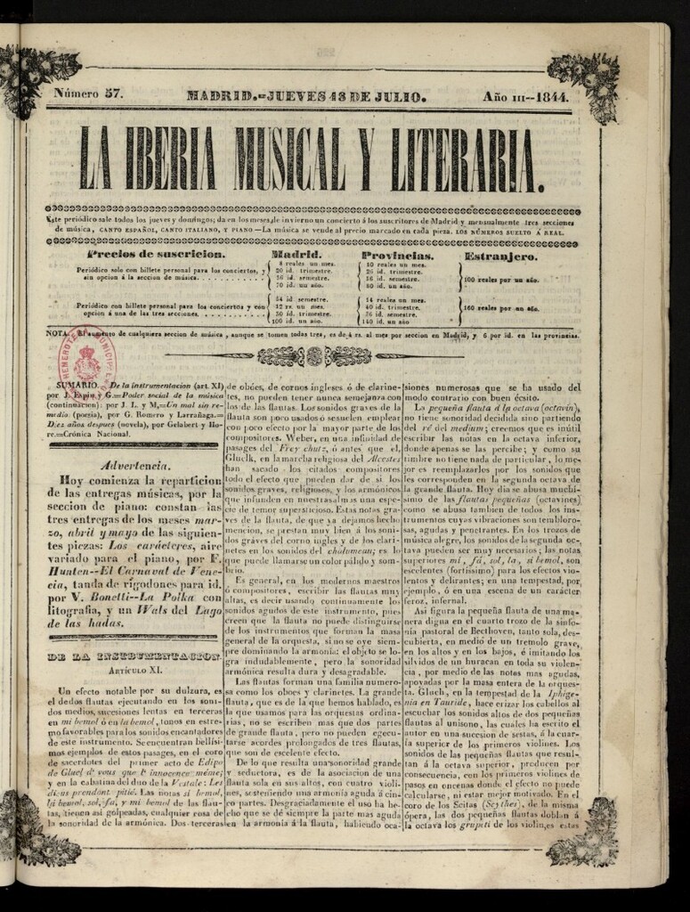 Miniatura de La Iberia Musical del 18 de julio de 1844