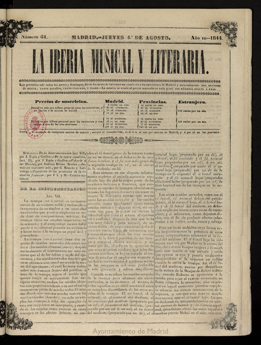 Miniatura de La Iberia Musical del 1 de agosto de 1844