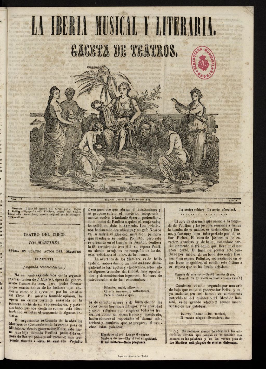 Miniatura de La Iberia Musical del 27 de febrero de 1845