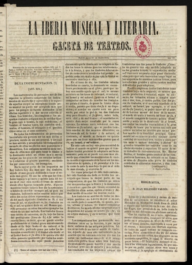 Miniatura de La Iberia Musical del 10 de abril de 1845