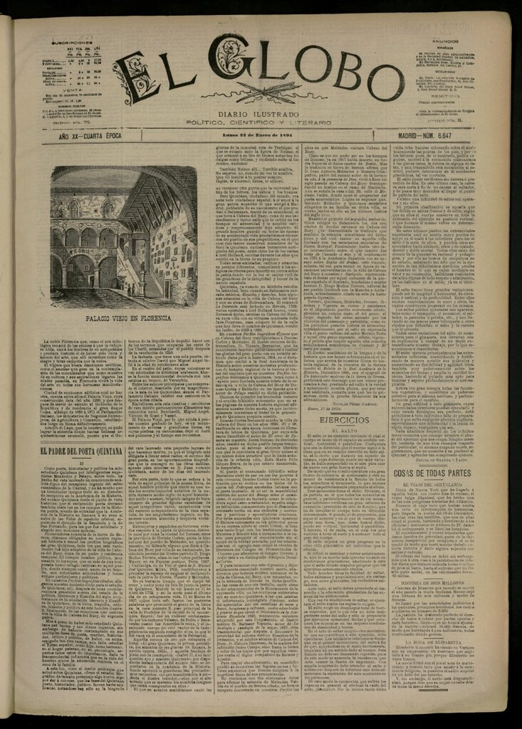 Miniatura de El Globo : diario ilustrado del 22 de enero de 1894, nº 6647