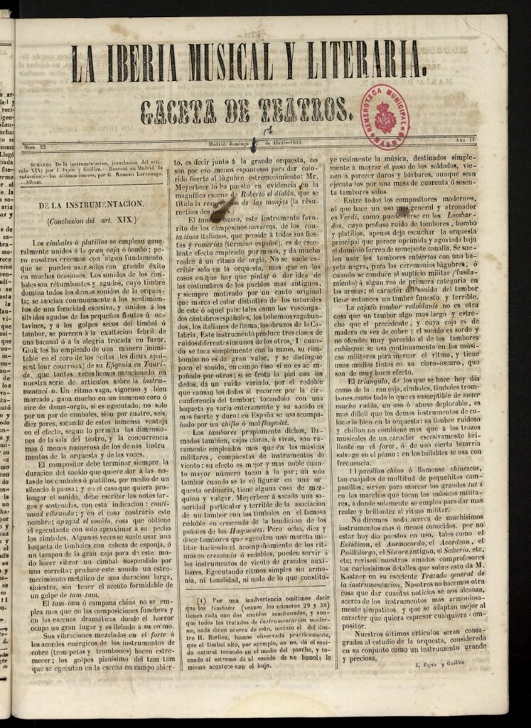 Miniatura de La Iberia Musical del 20 de abril de 1845