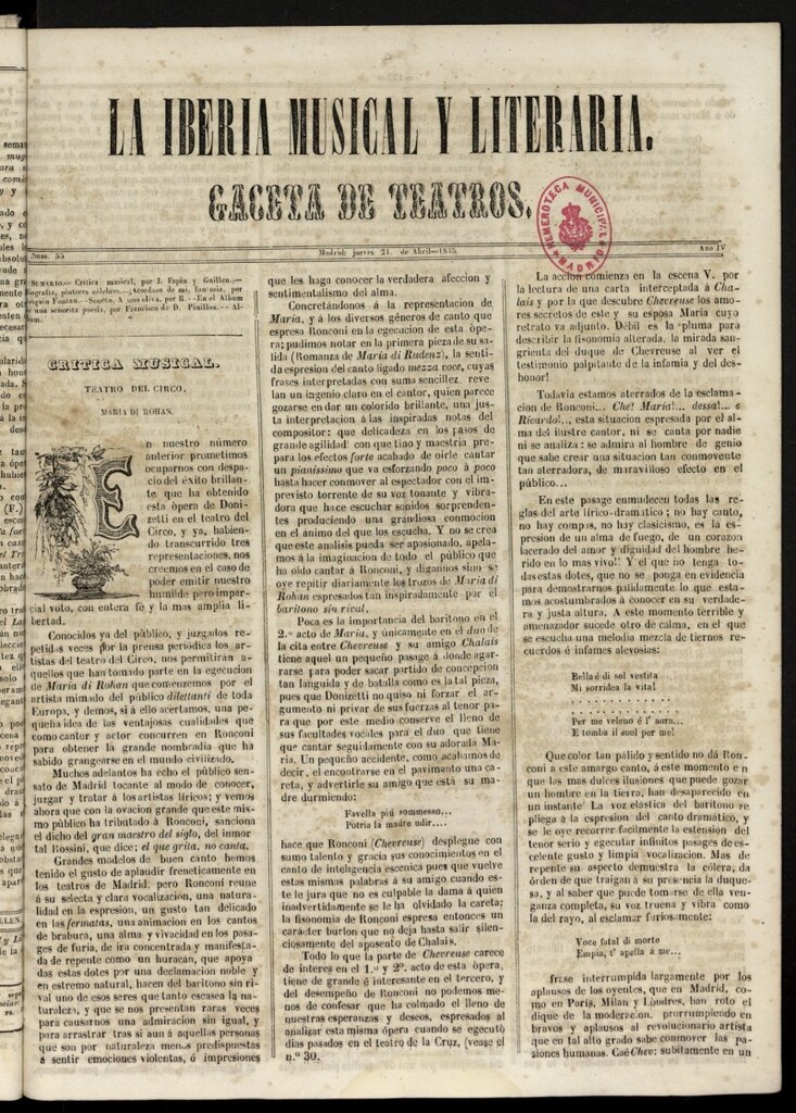 Miniatura de La Iberia Musical del 24 de abril de 1845