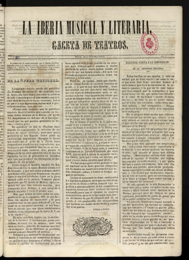 Miniatura de La Iberia Musical del 22 de mayo de 1845