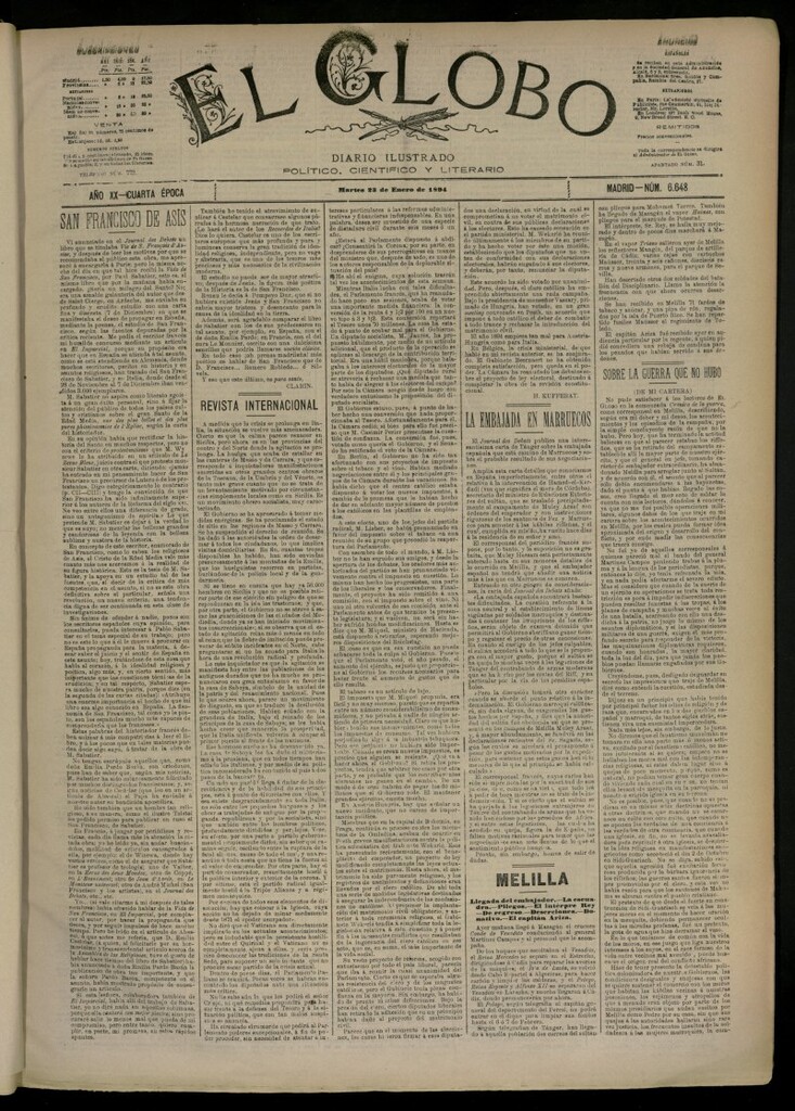 Miniatura de El Globo : diario ilustrado del 23 de enero de 1894,nº 6648