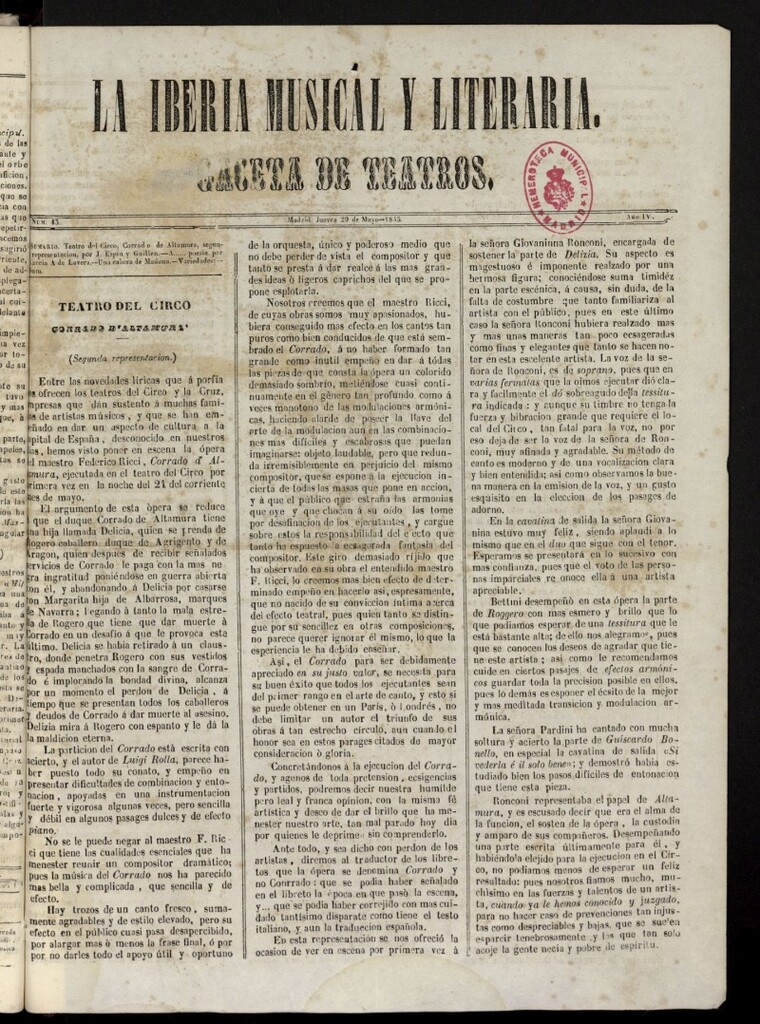 Miniatura de La Iberia Musical del 29 de mayo de 1845