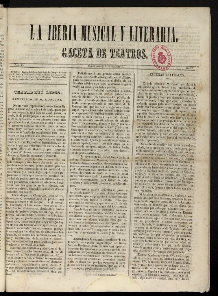 Miniatura de La Iberia Musical del 8 de junio de 1845