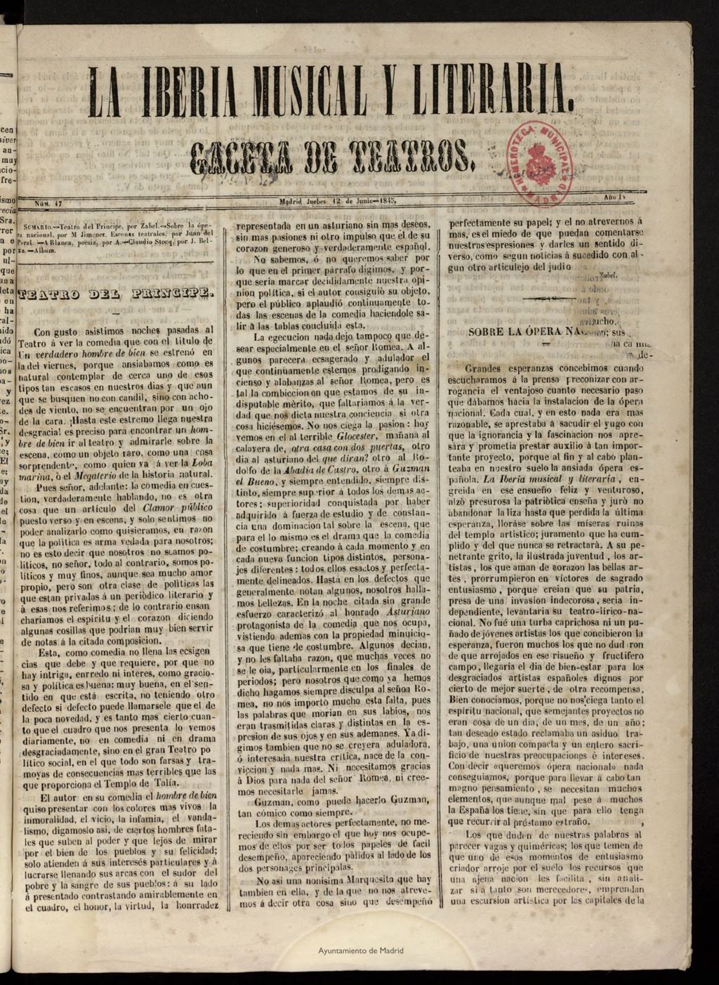 Miniatura de La Iberia Musical del 12 de junio de 1845