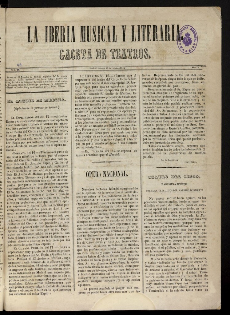 Miniatura de La Iberia Musical del 19 de junio de 1845