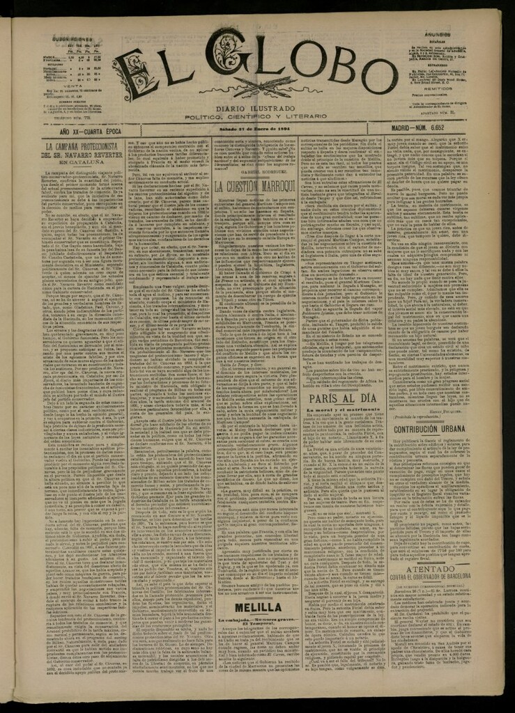 Miniatura de El Globo : diario ilustrado del 27 de enero de 1894, nº 6652