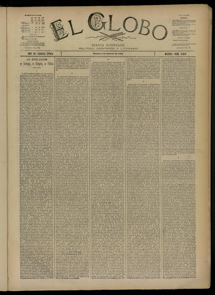 Miniatura de El Globo : diario ilustrado del 2 de febrero de 1894, nº 6658