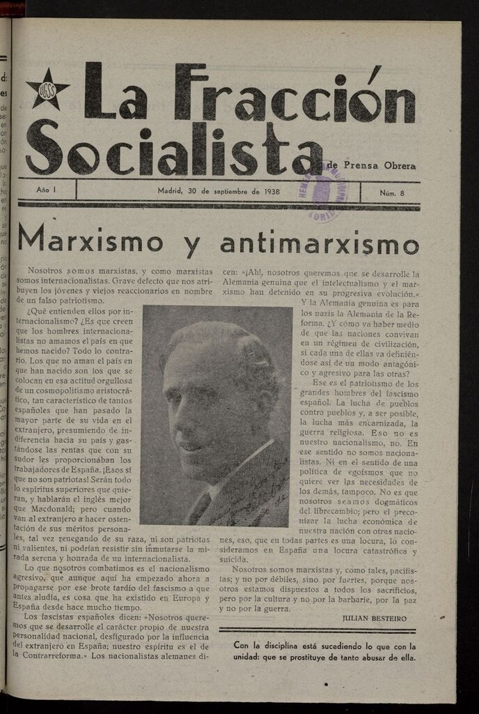 Miniatura de La Fracción Socialista de Prensa Obrera del 30 de septiembre de 1938