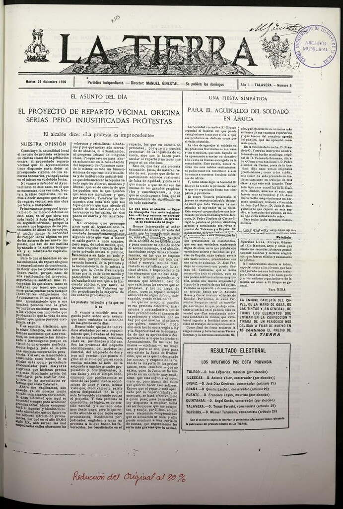 Miniatura de La Tierra (Talavera de la Reina, 1920) del 21 de diciembre de 1920