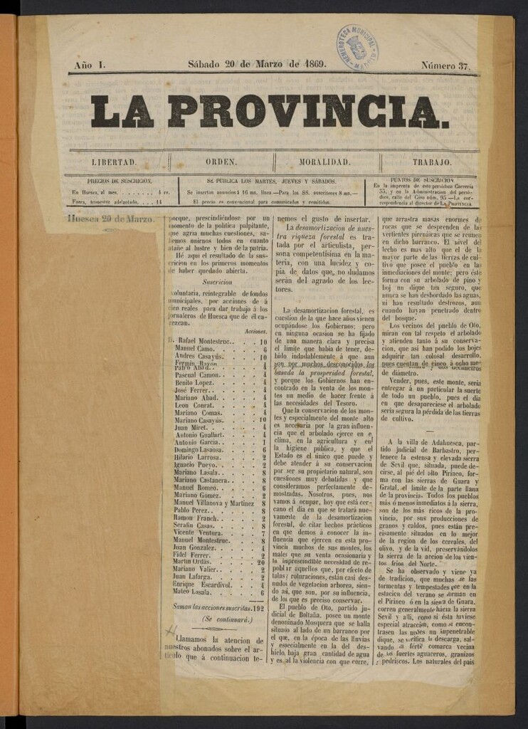 Miniatura de La Provincia: periódico dedicado al fomento de los intereses del Alto Aragón del 20 de marzo de 1869