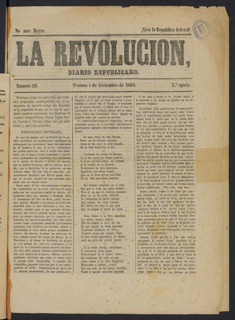 Miniatura de La Revolución (Huesca, 18--) del 4 de diciembre de 1868