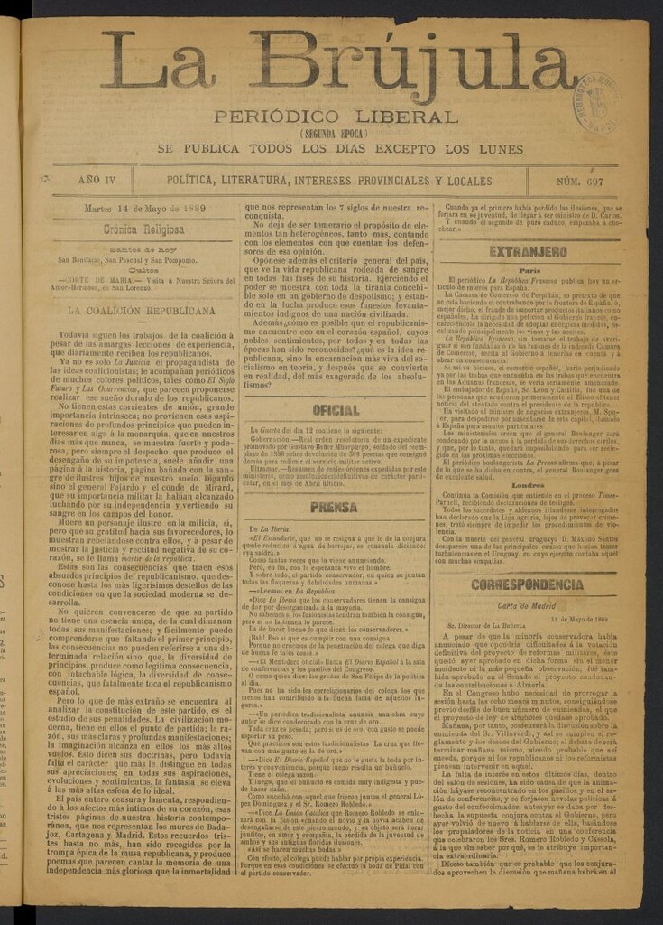 Miniatura de La Brújula: periódico liberal del 14 de mayo de 1889