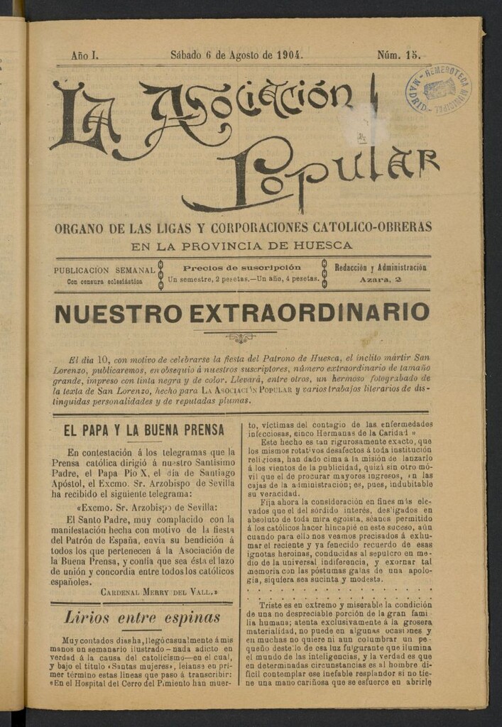 Miniatura de La Asociación Popular (Huesca. 1904) del 6 de agosto de 1904