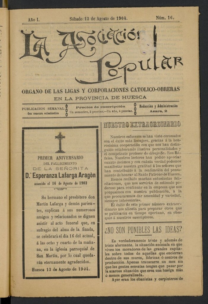 Miniatura de La Asociación Popular (Huesca. 1904) del 13 de agosto de 1904