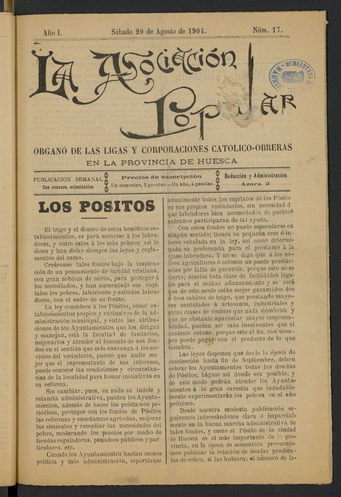 Miniatura de La Asociación Popular (Huesca. 1904) del 20 de agosto de 1904