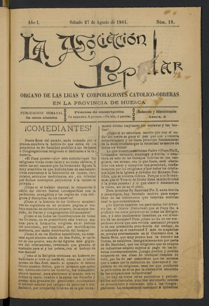 Miniatura de La Asociación Popular (Huesca. 1904) del 27 de agosto de 1904