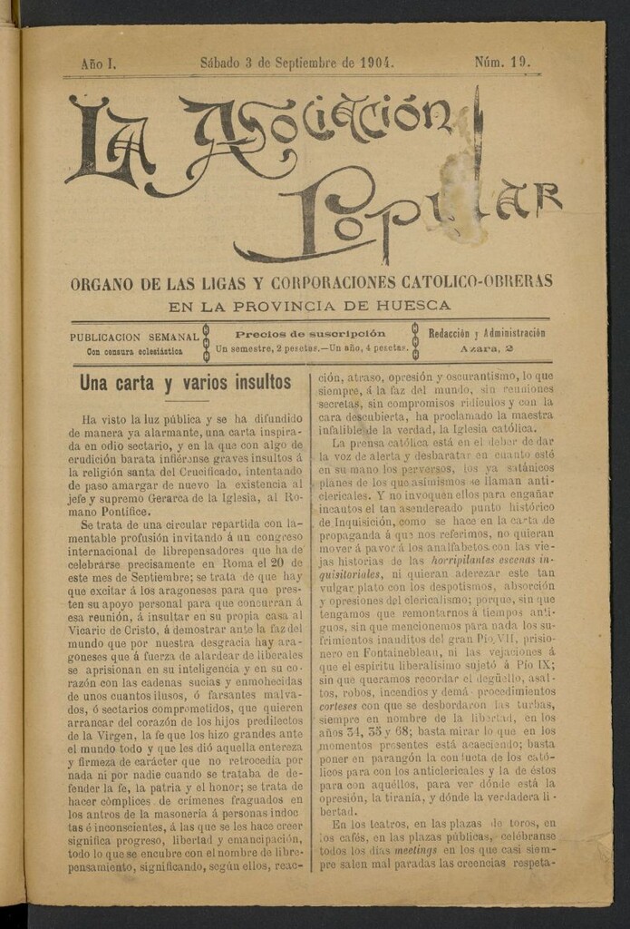 Miniatura de La Asociación Popular (Huesca. 1904) del 3 de septiembre de 1904