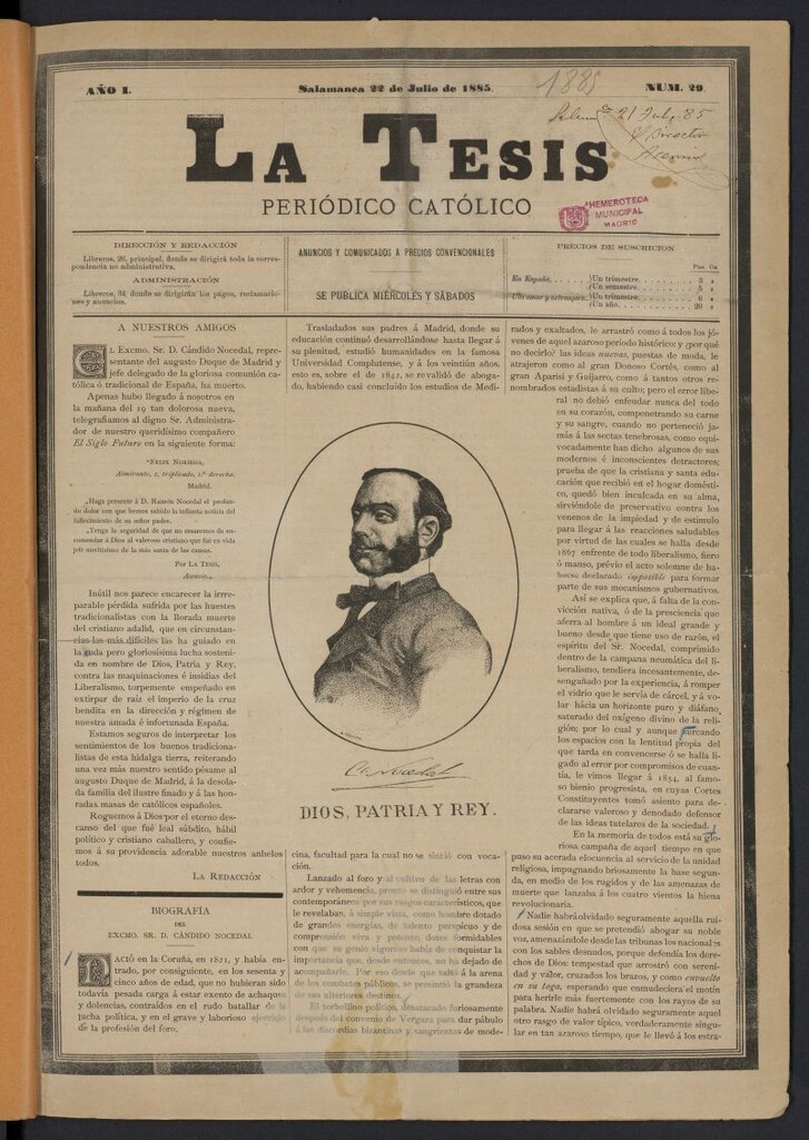 Miniatura de La Tesis (Salamanca, 1885) del 22 de julio de 1885