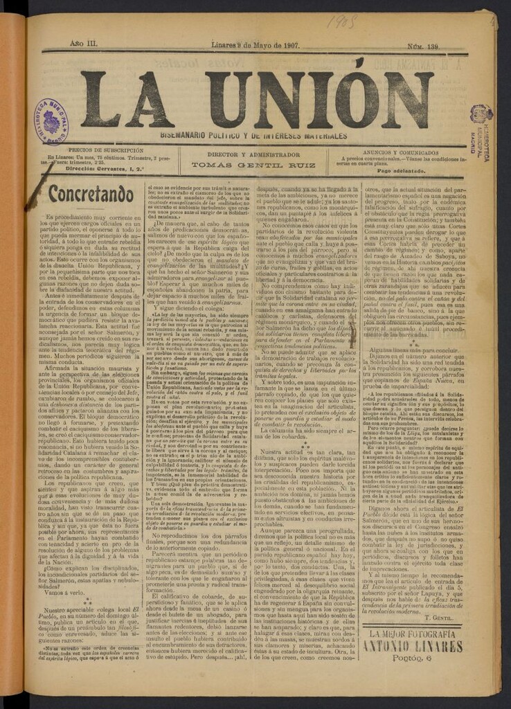 Miniatura de La unión: bisemanario político y de intereses materiales del 9 de mayo de 1907