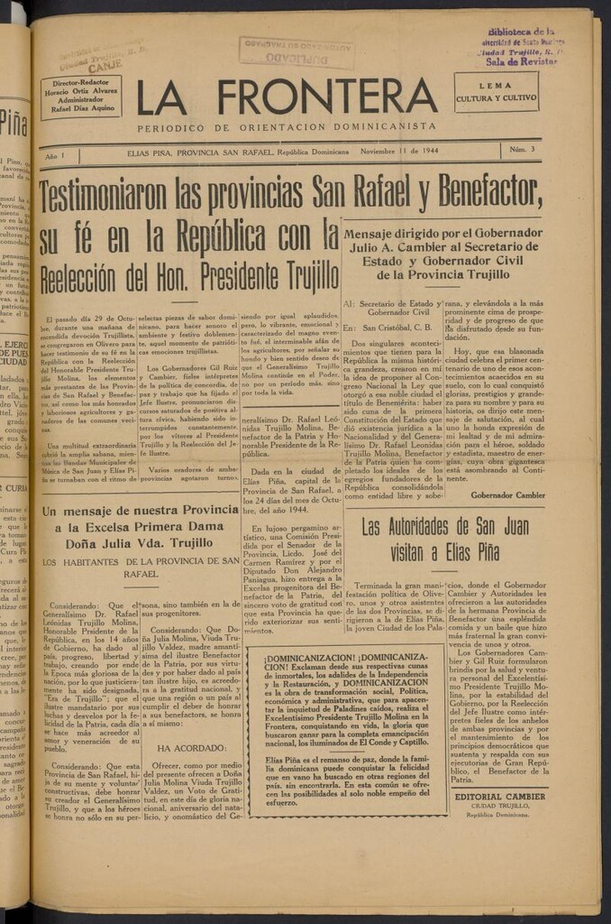 Miniatura de La Frontera: periodico de orientación dominicanista del 11 de noviembre de 1944