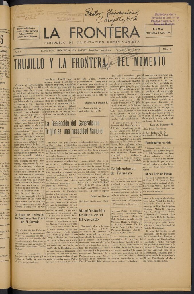 Miniatura de La Frontera: periodico de orientación dominicanista del 25 de noviembre de 1944