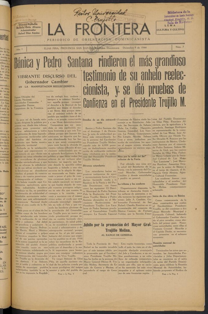 Miniatura de La Frontera: periodico de orientación dominicanista del 9 de diciembre de 1944