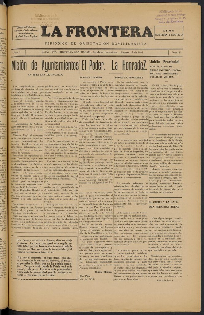 Miniatura de La Frontera: periodico de orientación dominicanista del 17 de febrero de 1945