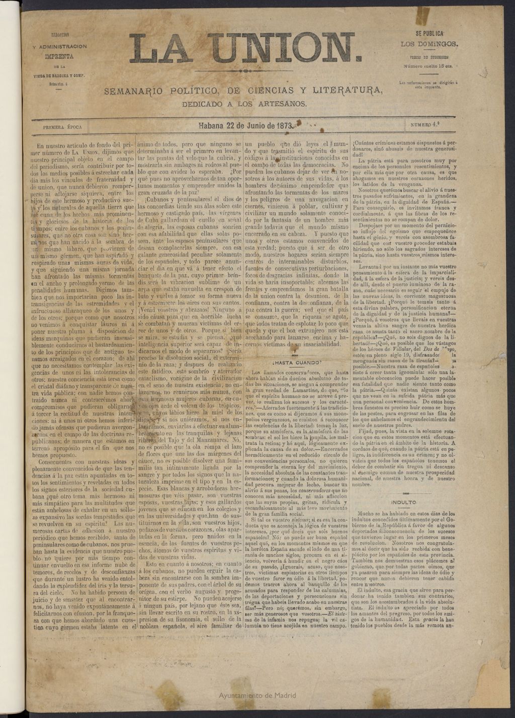 Miniatura de La Unión (La Habana) del 22 de junio de 1873