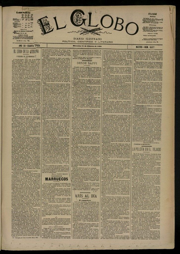Miniatura de El Globo : diario ilustrado del 21 de febrero de 1894, nº 6677