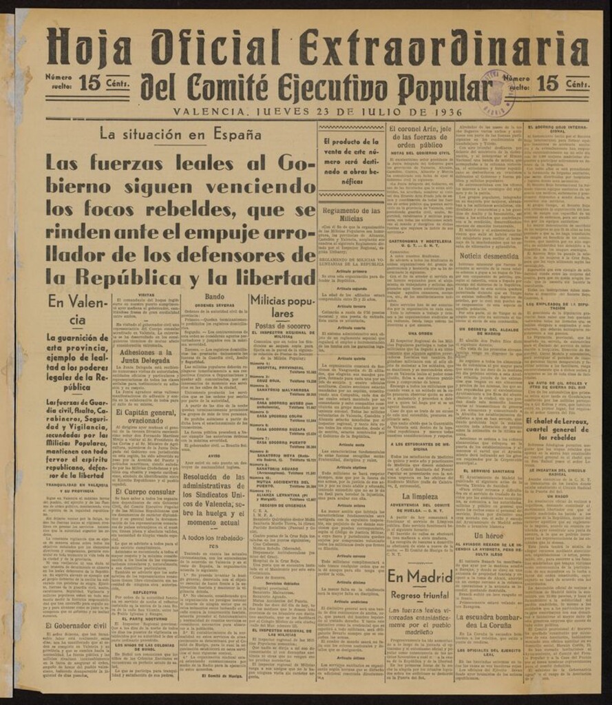 Miniatura de Hoja Oficial Extraordinaria del Comité Ejecutivo Popular (Valencia, 1936) del 23 de julio de 1936