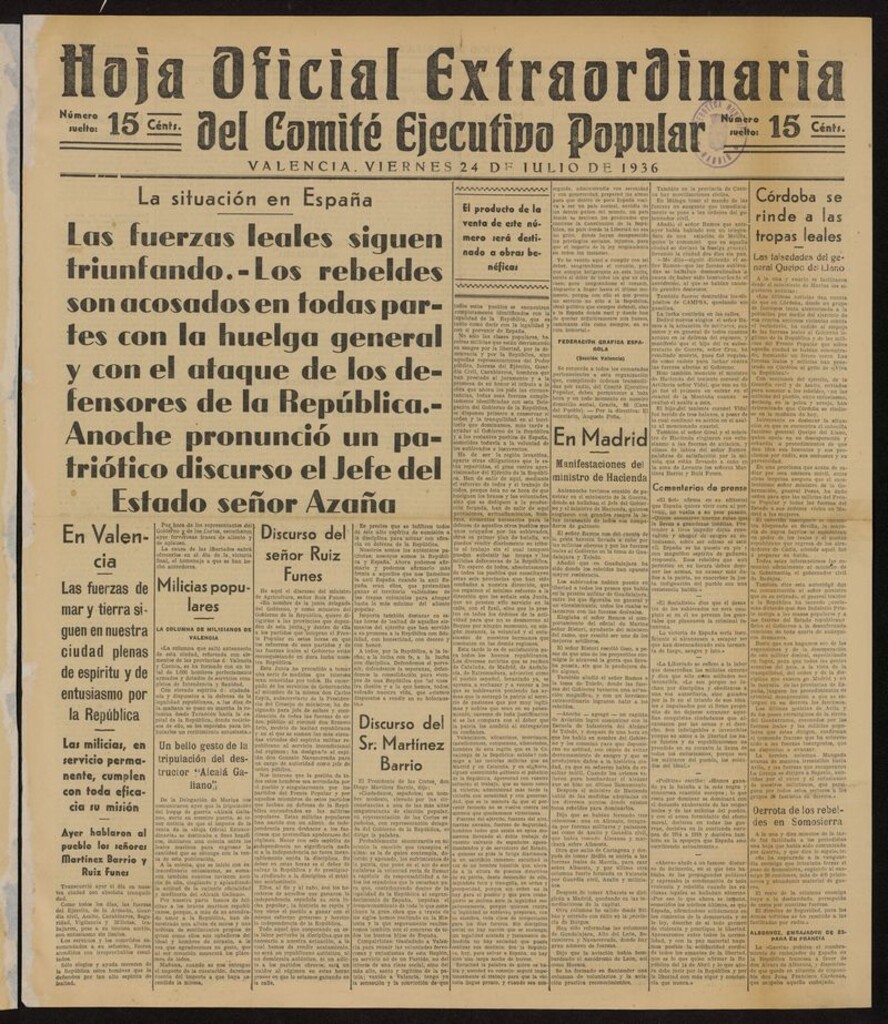 Miniatura de Hoja Oficial Extraordinaria del Comité Ejecutivo Popular (Valencia, 1936) del 24 de julio de 1936