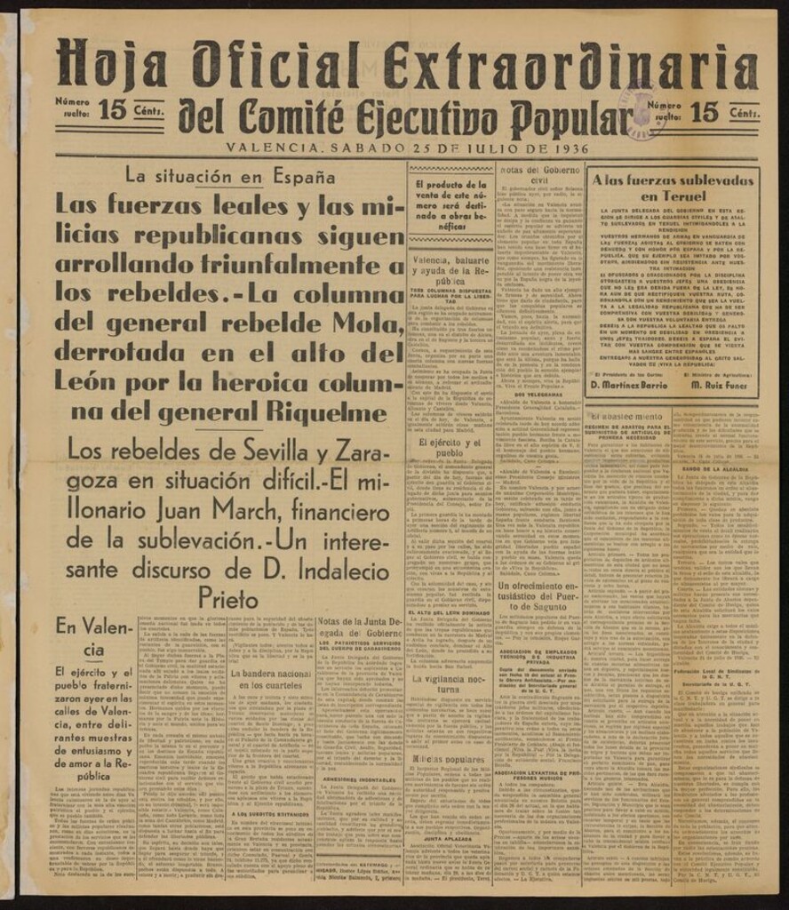 Miniatura de Hoja Oficial Extraordinaria del Comité Ejecutivo Popular (Valencia, 1936) del 25 de julio de 1936