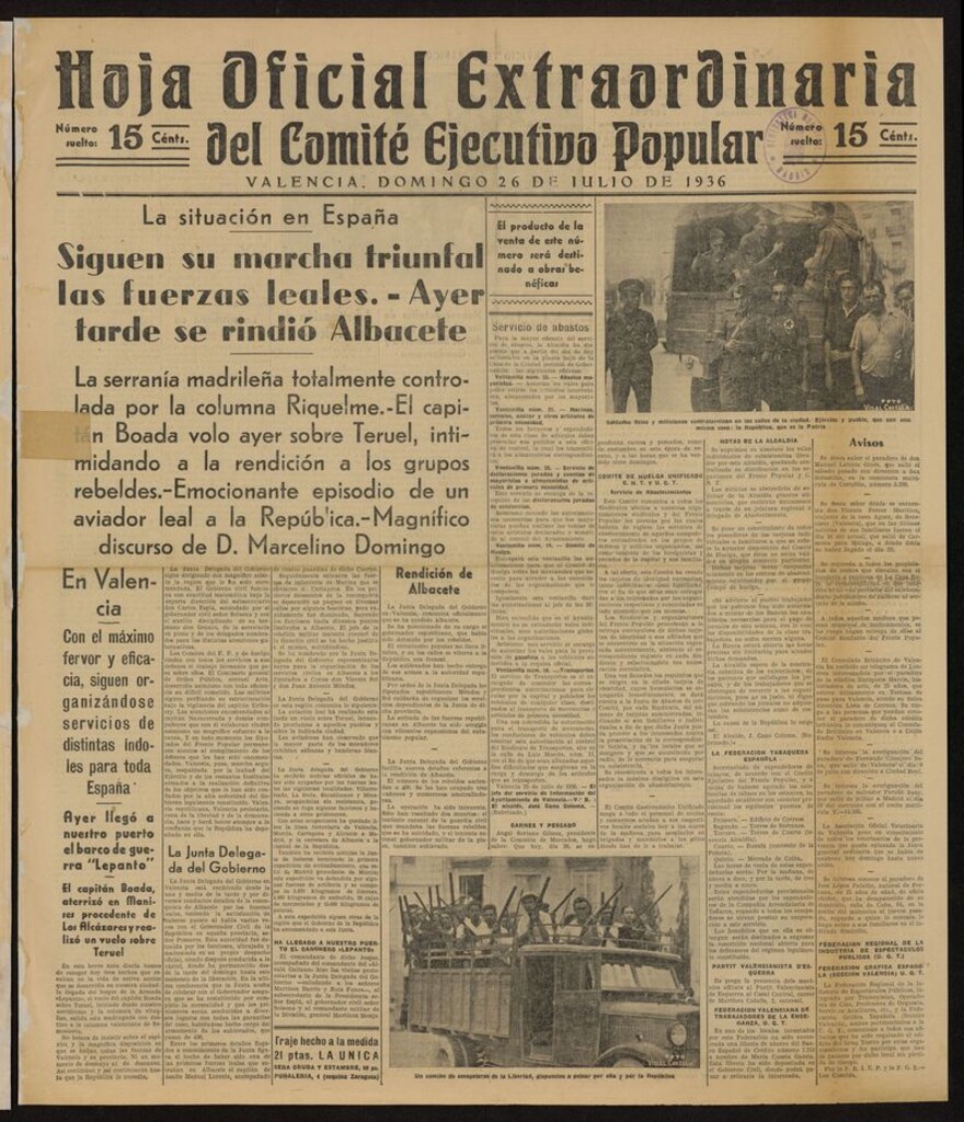 Miniatura de Hoja Oficial Extraordinaria del Comité Ejecutivo Popular (Valencia, 1936) del 26 de julio de 1936
