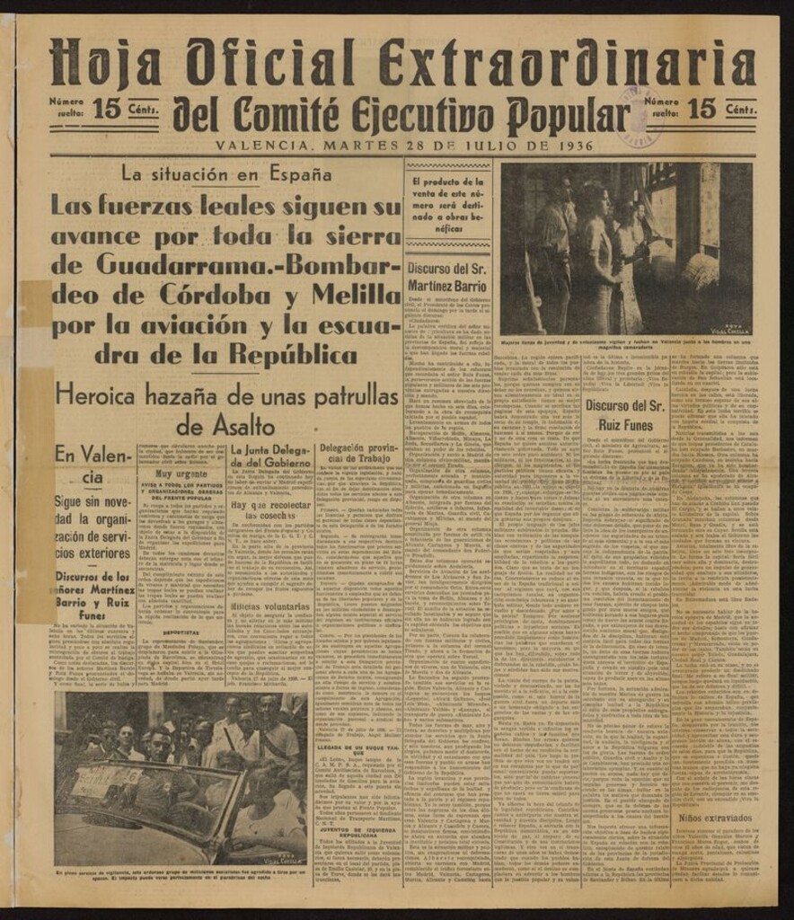 Miniatura de Hoja Oficial Extraordinaria del Comité Ejecutivo Popular (Valencia, 1936) del 28 de julio de 1936