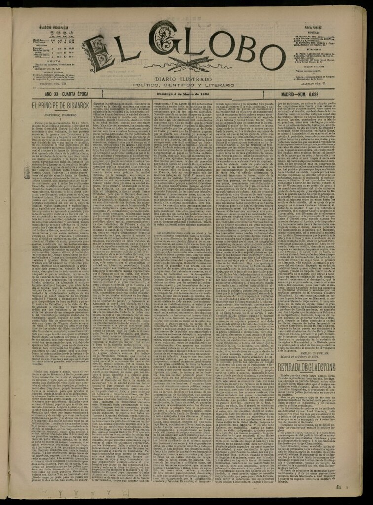 Miniatura de El Globo : diario ilustrado del 4 de marzo de 1894, nº 6688