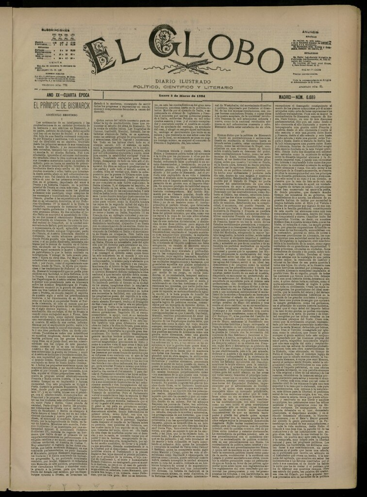 Miniatura de El Globo : diario ilustrado del 5 de marzo de 1894, nº 6689