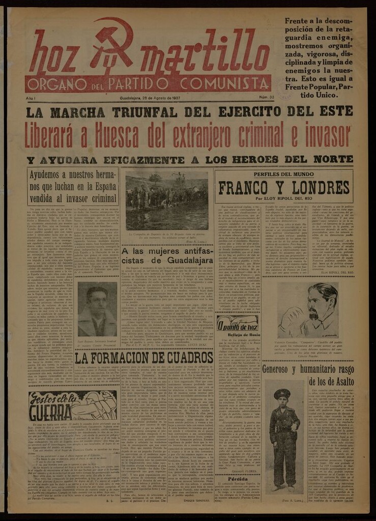 Miniatura de Hoz y Martillo (Guadalajara, 1937-1938) del 28 de agosto de 1937
