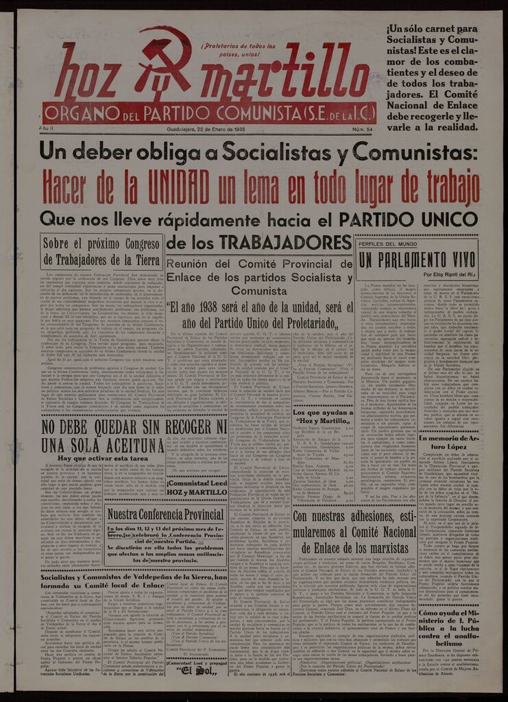 Miniatura de Hoz y Martillo (Guadalajara, 1937-1938) del 22 de enero de 1938