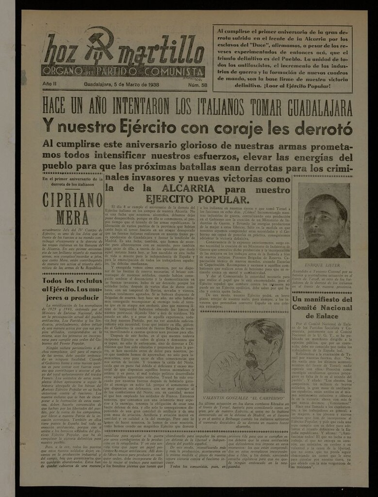 Miniatura de Hoz y Martillo (Guadalajara, 1937-1938) del 5 de marzo de 1938