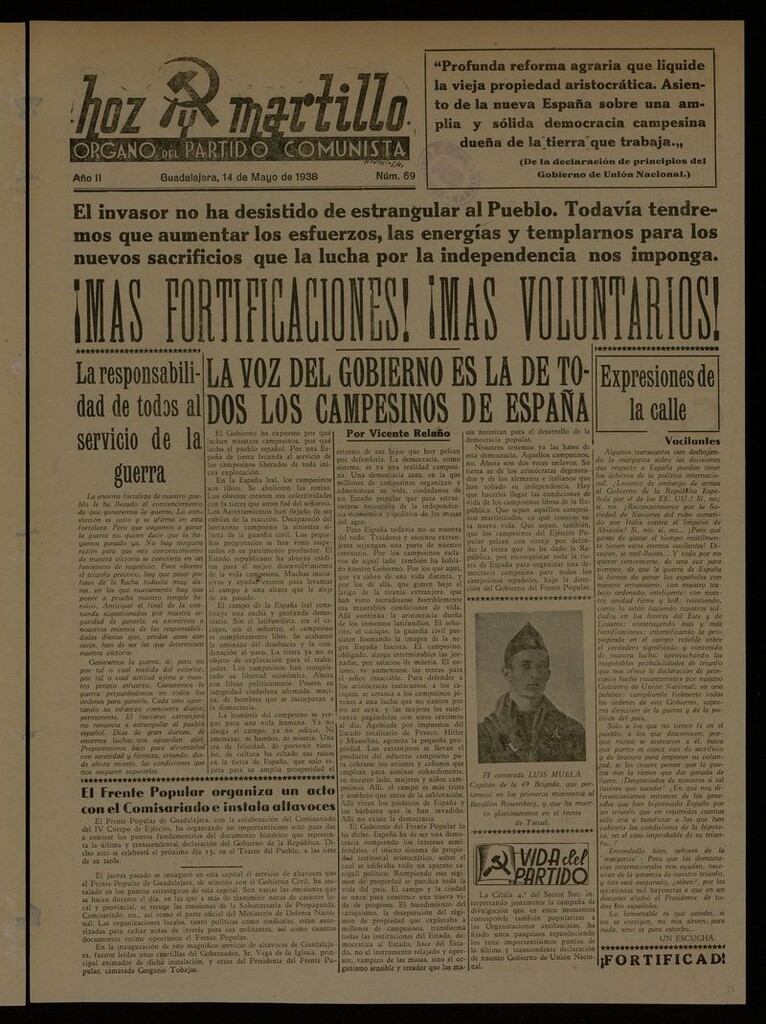 Miniatura de Hoz y Martillo (Guadalajara, 1937-1938) del 14 de mayo de 1938