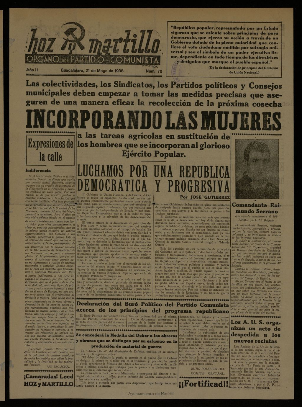 Miniatura de Hoz y Martillo (Guadalajara, 1937-1938) del 21 de mayo de 1938