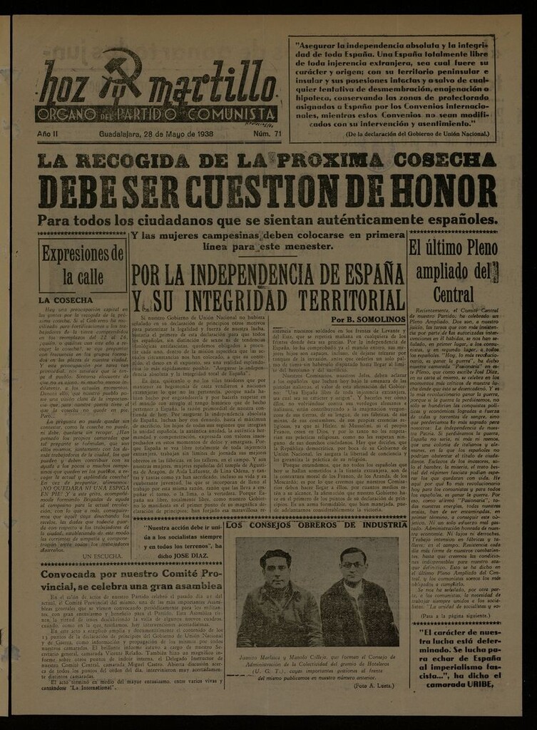 Miniatura de Hoz y Martillo (Guadalajara, 1937-1938) del 28 de mayo de 1938