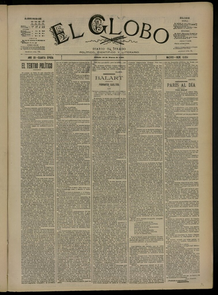 Miniatura de El Globo : diario ilustrado del 10 de marzo de 1894, nº 6694