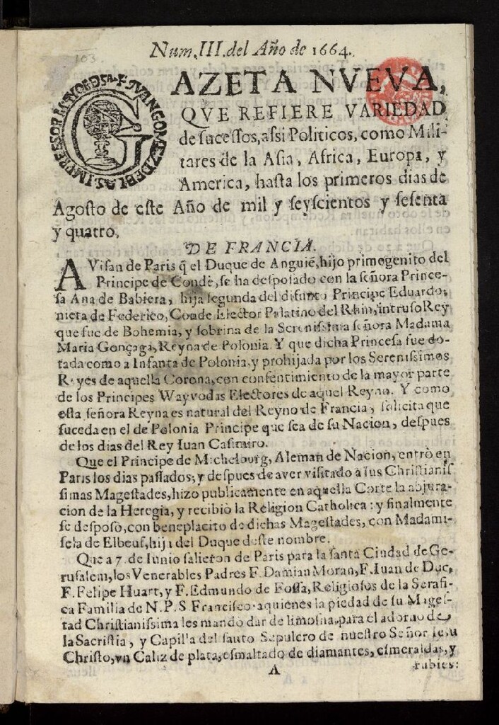 Miniatura de Gazeta Nueva, que refiere variedad de sucessos, assi Politicos como Militares de Asia, Africa, Europa, y America de agosto de 1664, nº 3