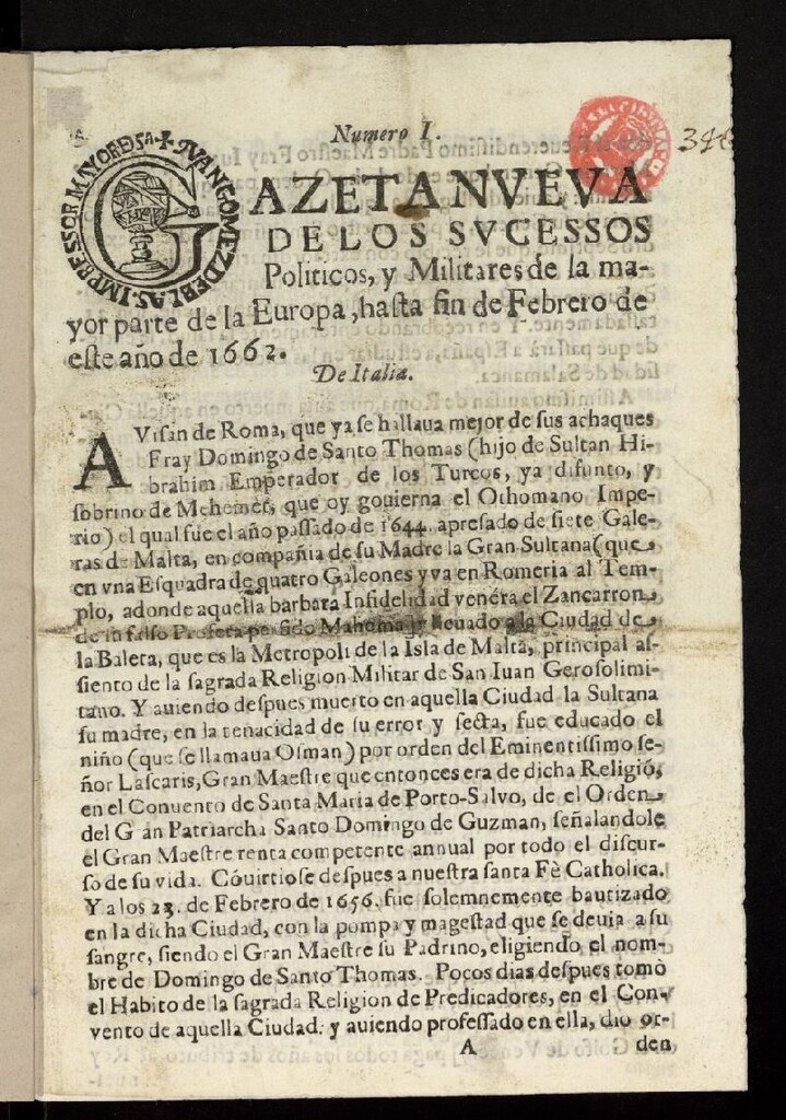 Miniatura de Gazeta Nueva de los sucessos politicos, y militares de la mayor parte de Europa de febrero de 1662, nº 1