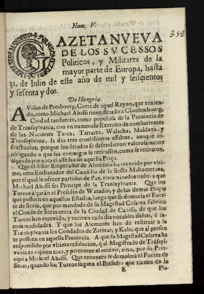 Miniatura de Gazeta Nueva de los sucessos politicos, y militares de la mayor parte de Europa de julio de 1662, nº 5